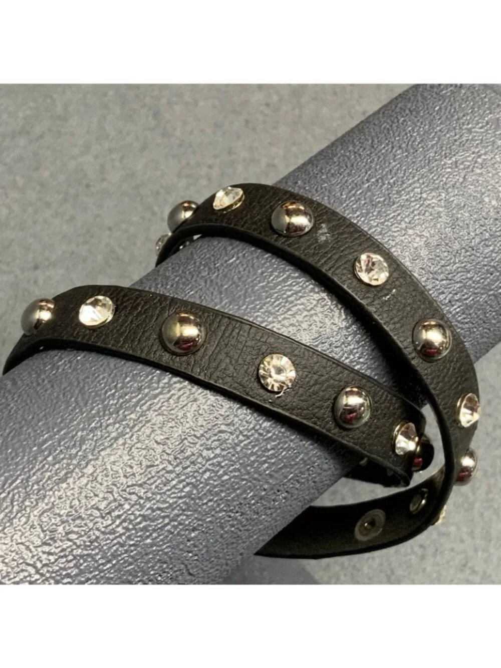 Cross Wrap Bracelet 22 In Silver Studded Black Leather Rhinestone Adjustable